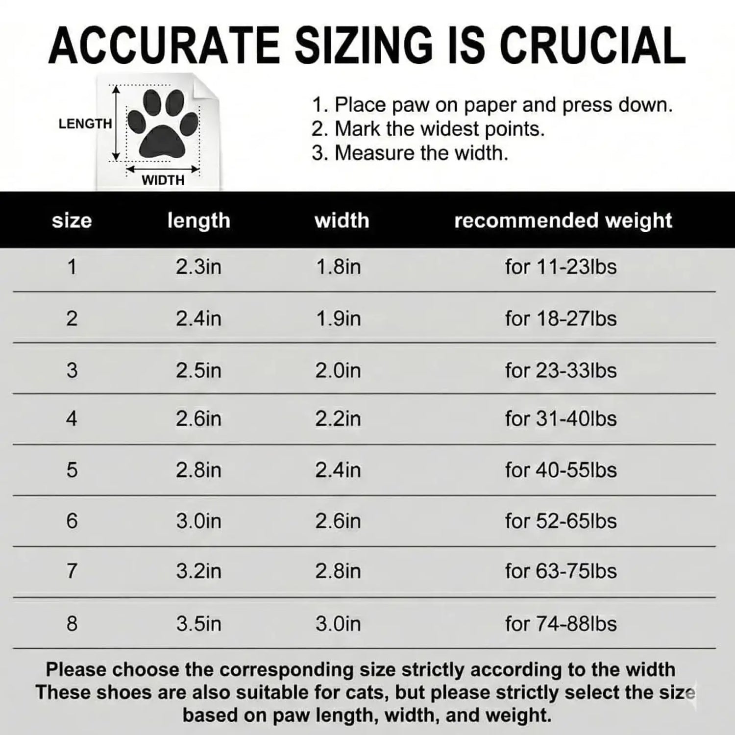Light up dog shoes for summer sizing guide with measurements for accurate fit and recommended weight limits.