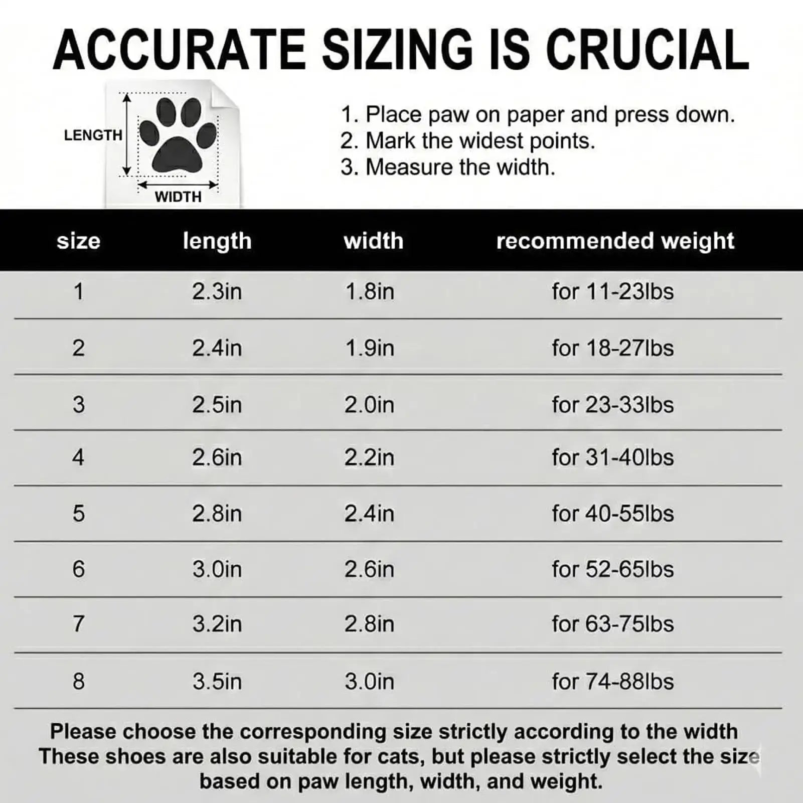 Light up dog shoes for summer sizing guide with measurements for accurate fit and recommended weight limits.