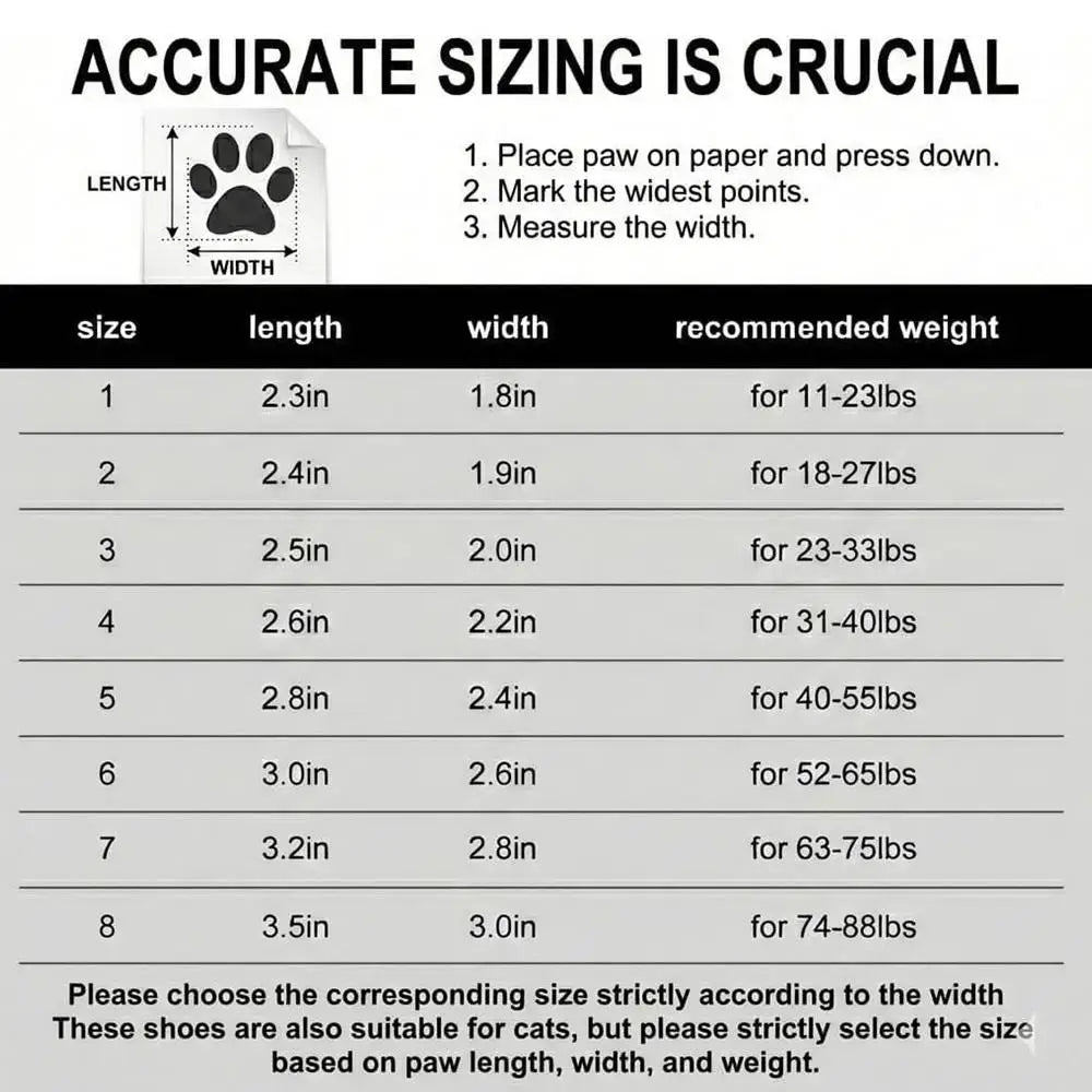 size chart for light up dog shoes for summer showing length and width measurements for accurate fitting