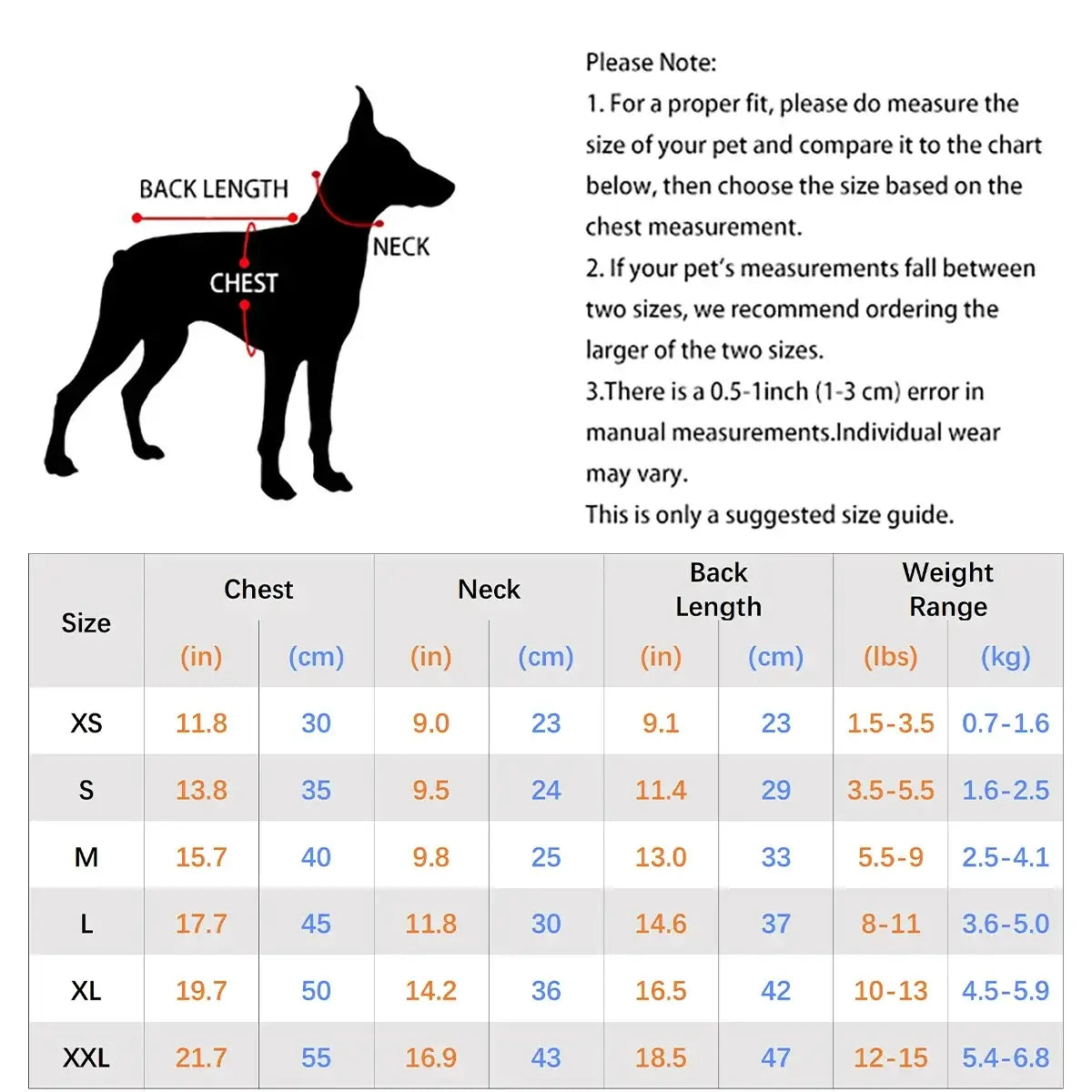lightweight dog sweater for small dogs size chart for puppy, Chihuahua, and Yorkie with chest, neck, and back length measurements