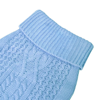 Light blue dog winter sweater with knitted texture, warm and soft pet clothing for outdoor autumn and winter wear