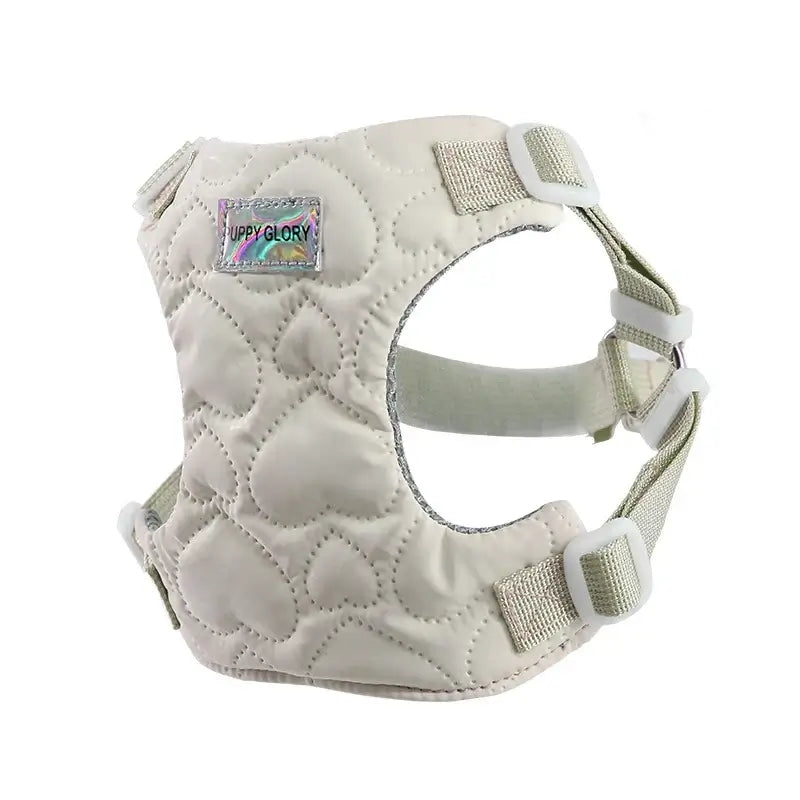 Lightweight waterproof puppy harness in off white quilted heart design for small to large dogs, adjustable chest strap