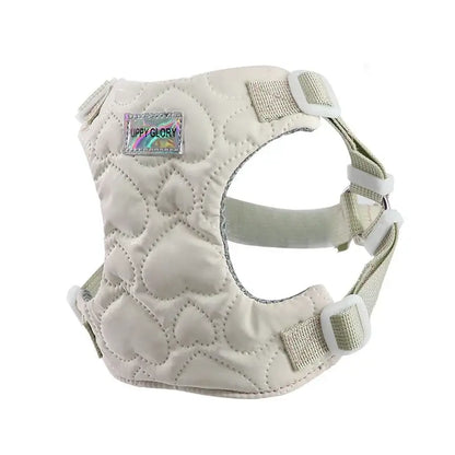 Lightweight waterproof puppy harness in off white quilted heart design for small to large dogs, adjustable chest strap