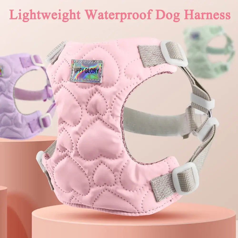 Lightweight waterproof puppy harness for small dogs, pink heart quilted vest with adjustable straps