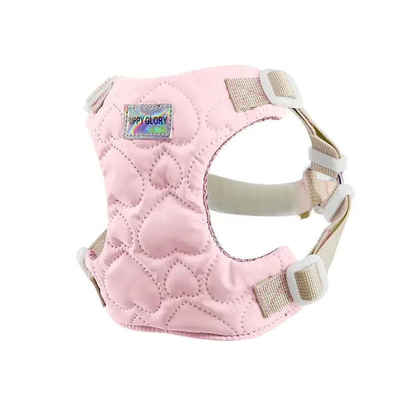 Pink waterproof puppy harness with heart quilted padding, lightweight adjustable chest strap vest for small dogs and puppies