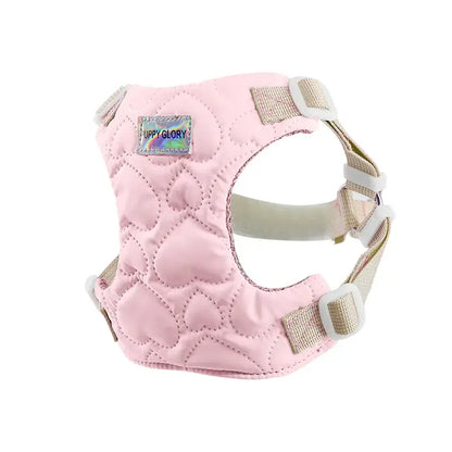 Pink waterproof puppy harness with heart quilted padding, lightweight adjustable chest strap vest for small dogs and puppies
