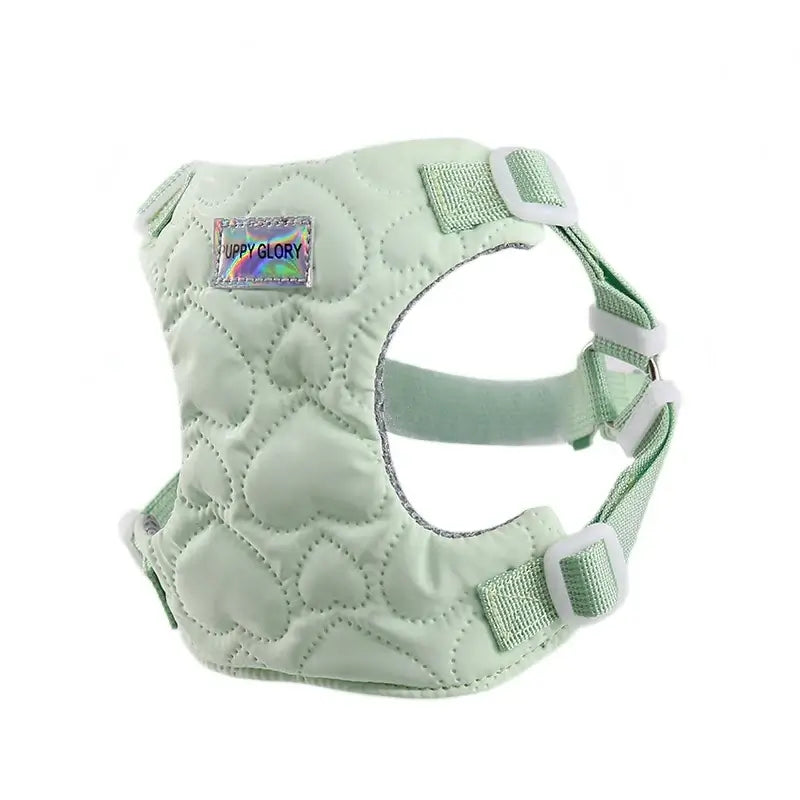Green waterproof puppy harness for small and medium dogs, lightweight quilted heart pattern, adjustable breathable vest