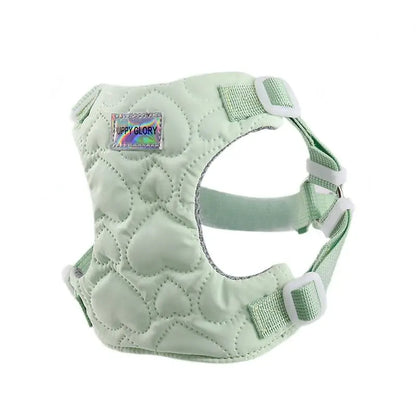Green waterproof puppy harness for small and medium dogs, lightweight quilted heart pattern, adjustable breathable vest