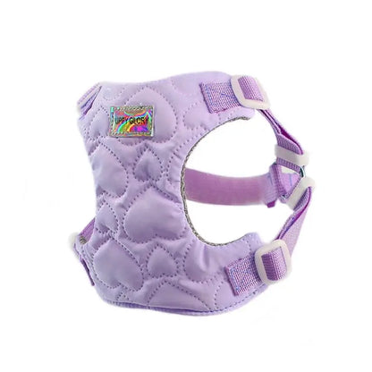 Purple waterproof puppy harness with heart quilted design, lightweight adjustable chest strap for small, medium, and large dogs