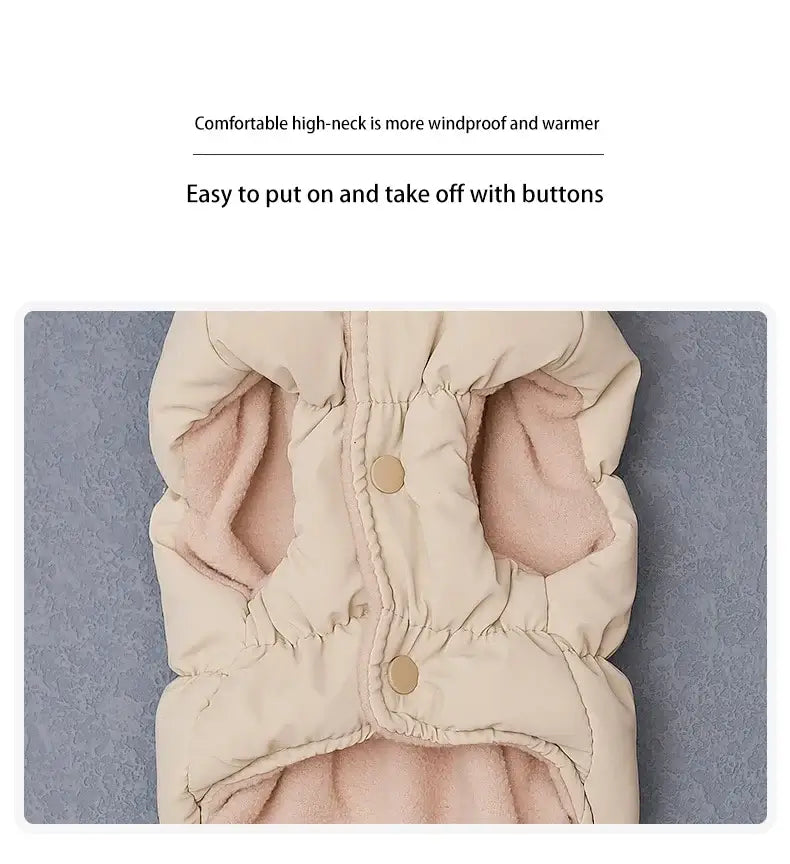 Beige cotton dog jacket with high neck, button closure, and warm fleece lining for medium dogs in autumn and winter.