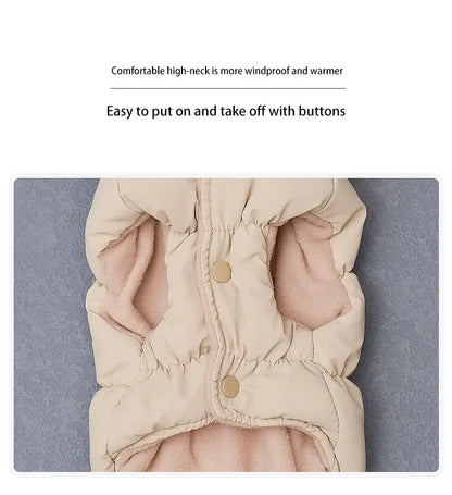 Beige cotton dog jacket with high neck, button closure, and warm fleece lining for medium dogs in autumn and winter.