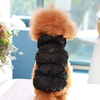 Black cotton dog jacket for medium dogs, warm two-legged autumn-winter pet coat with straps