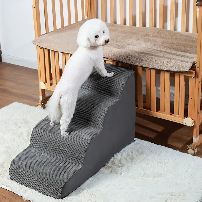 A small dog using memory foam dog stairs for small pets to reach a bed, enhancing accessibility and comfort.
