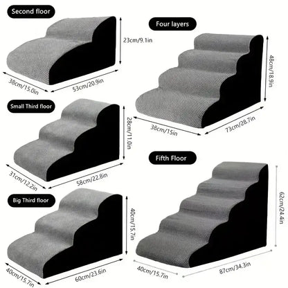 Memory foam dog stairs for small pets showing different sizes and dimensions for easy climbing.
