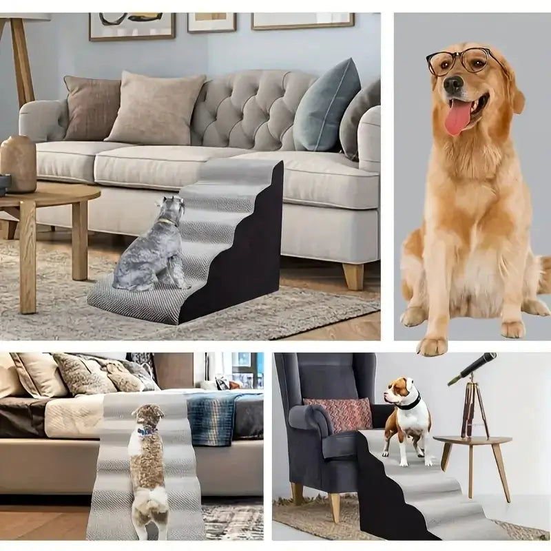 Memory foam dog stairs for small pets shown in a cozy living room setting with small dogs and a cat using the stairs.
