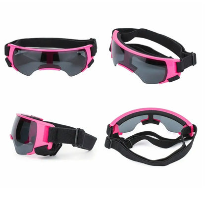 Pink and black dog UV protection sunglasses with adjustable strap for windproof sun protection