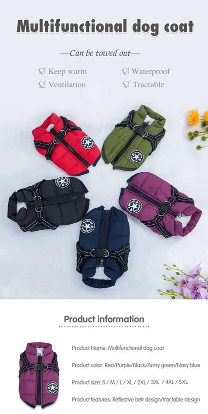waterproof dog winter jacket with harness multifunctional warm pet coat for small and large dogs