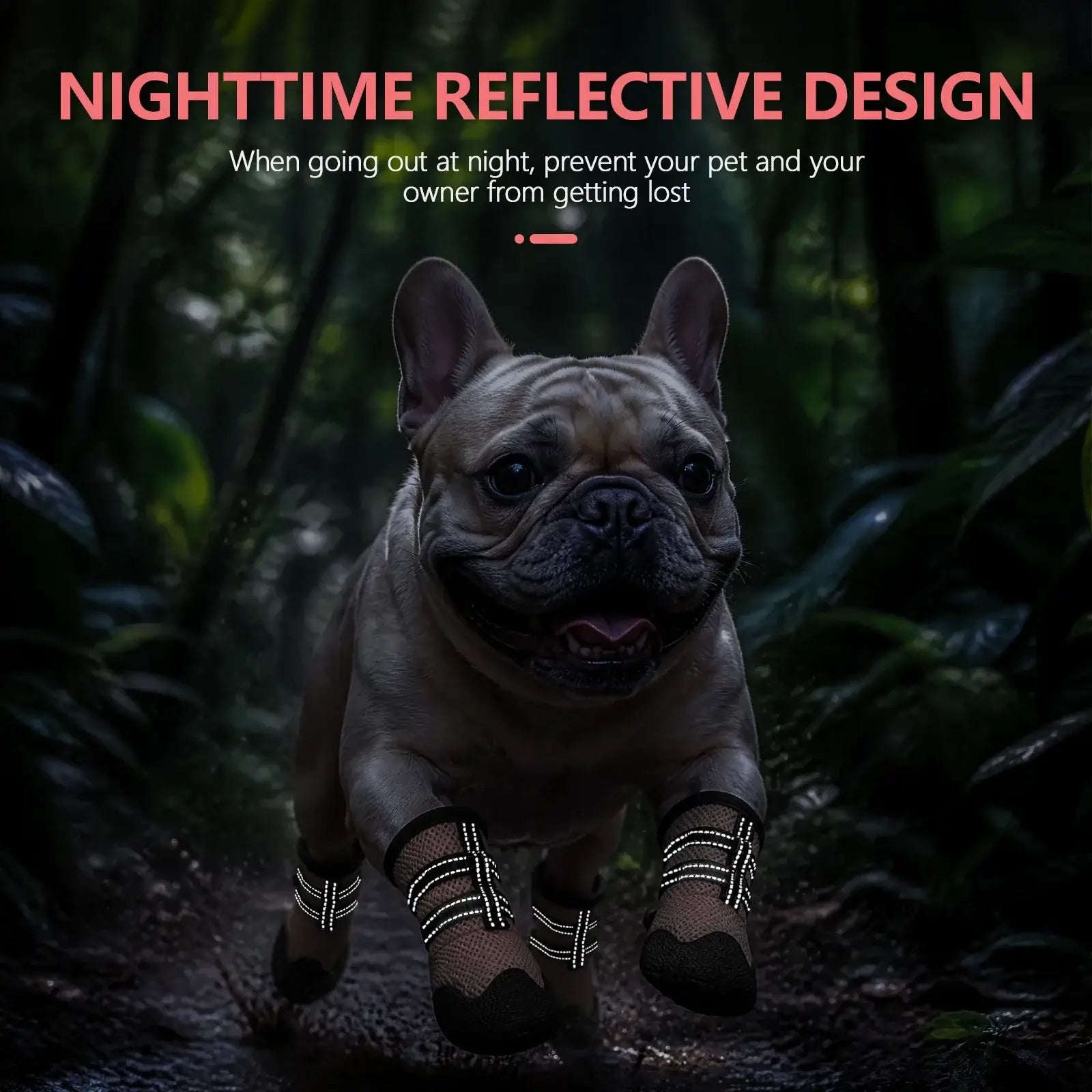 breathable anti-slip dog boots for nighttime reflective paw protection on a French bulldog walking outdoors