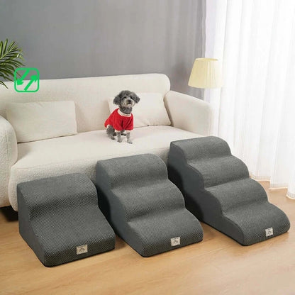 Washable non slip dog stairs for small dogs next to sofa, designed for elderly pets to easily climb.