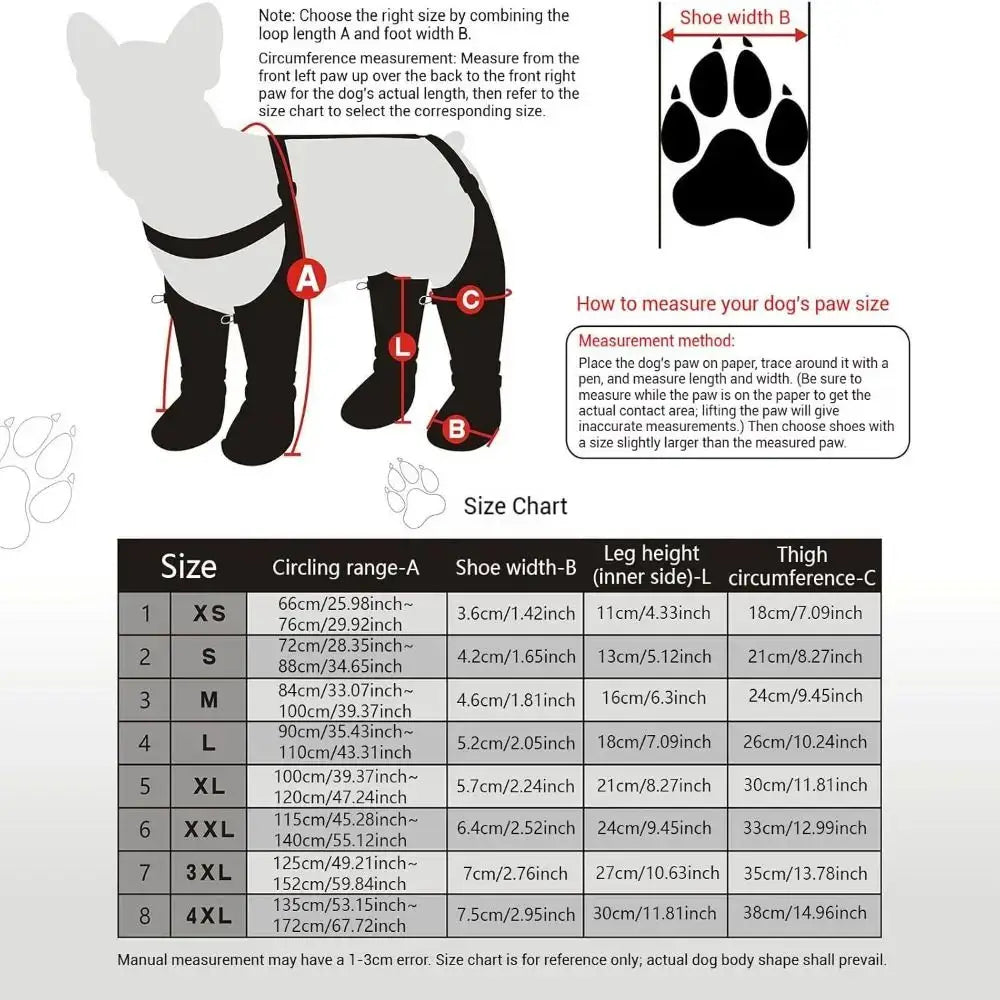 Waterproof dog hiking boots with suspender design, non-slip hard sole, and size chart for secure protective paw coverage