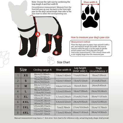Waterproof dog hiking boots with suspender design, non-slip hard sole, and size chart for secure protective paw coverage
