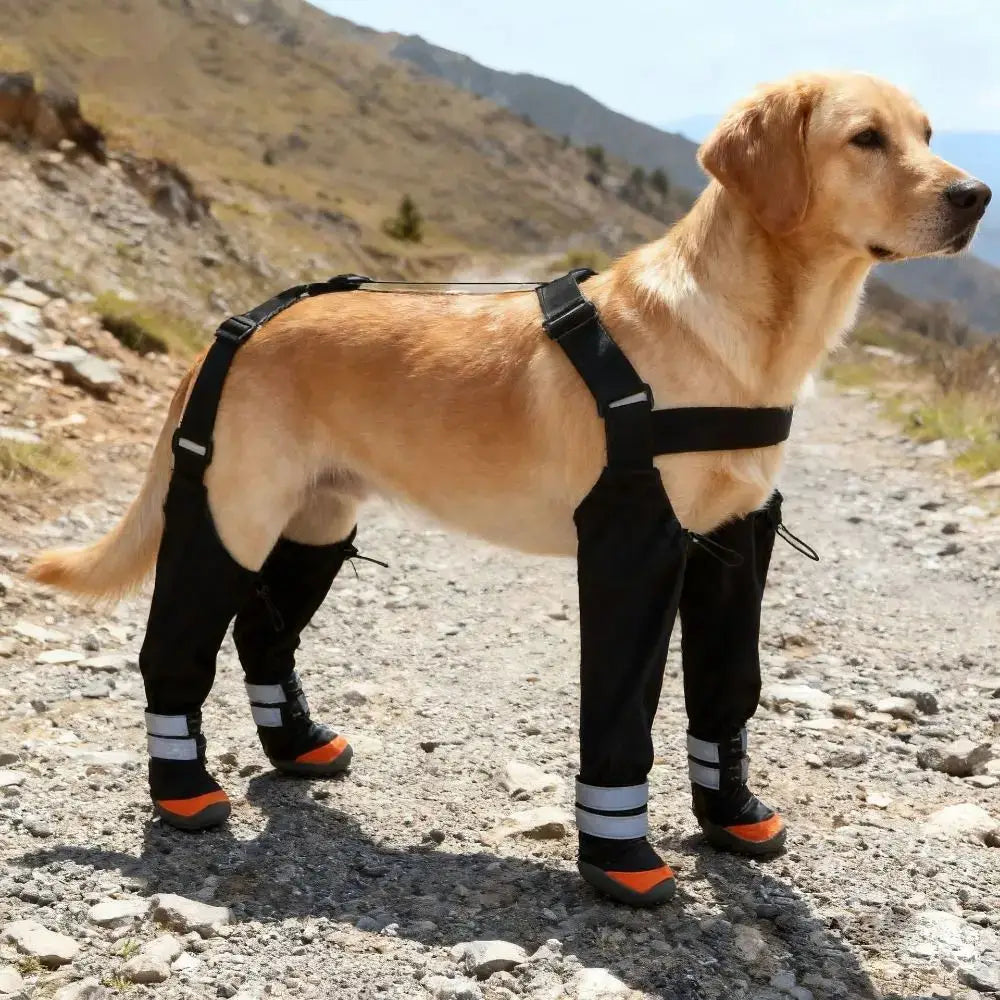 waterproof dog boots on a golden retriever hiking on rocky terrain, non-slip protective footwear for outdoor adventures