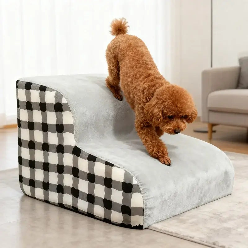 Non-slip foam dog stairs for small dogs designed for easy access with a plush, comfortable surface and stylish pattern.