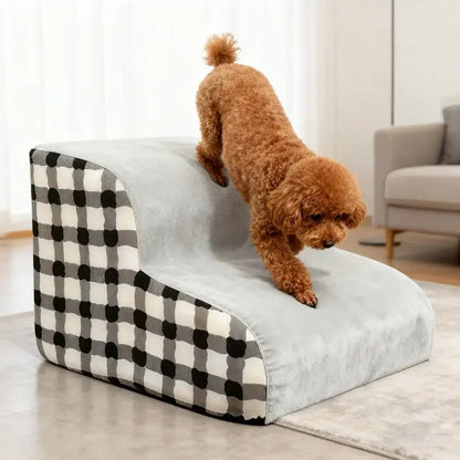 Non-slip foam dog stairs for small dogs designed for easy access with a plush, comfortable surface and stylish pattern.