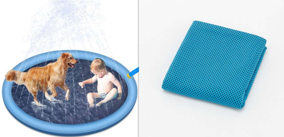 Non-slip splash pad for kids and dogs featuring a fun backyard water play mat with a boy and a dog.