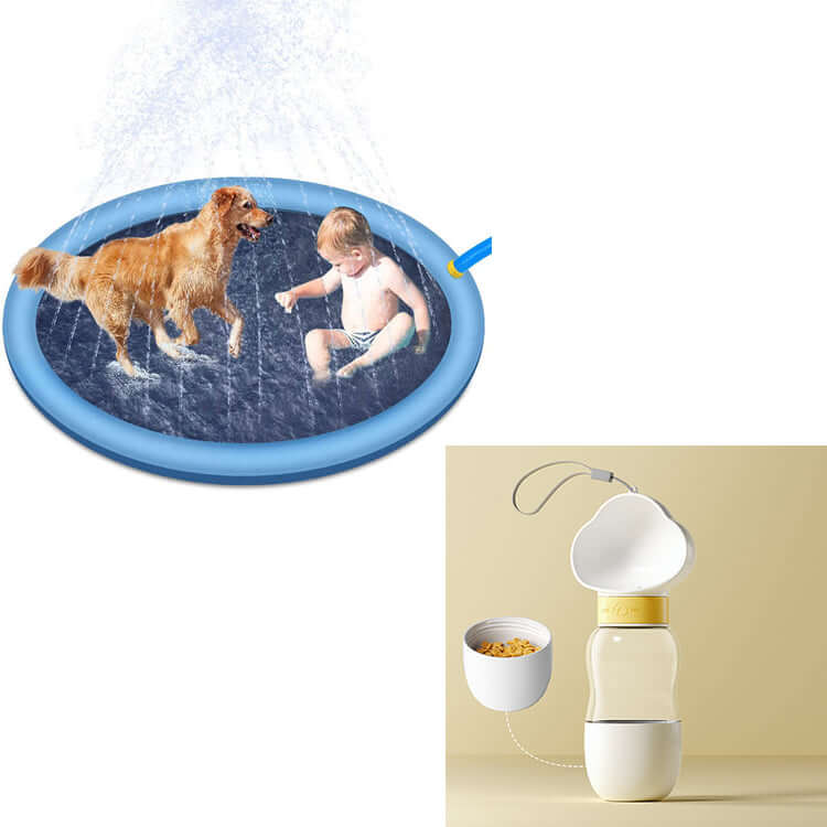 Non-slip splash pad for kids and pets featuring a child and dog playing on a blue water mat for outdoor fun.