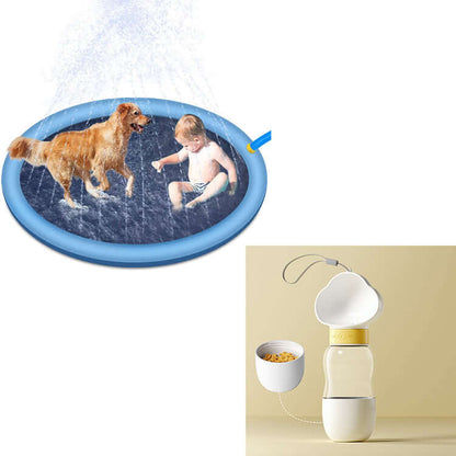 Non-slip splash pad for kids and pets featuring a child and dog playing on a blue water mat for outdoor fun.