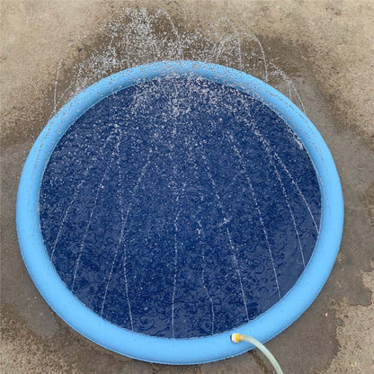 Non-Slip Splash Pad For Kids And Pet Dog Pool with water sprouting from the edges, perfect for summer outdoor fun.