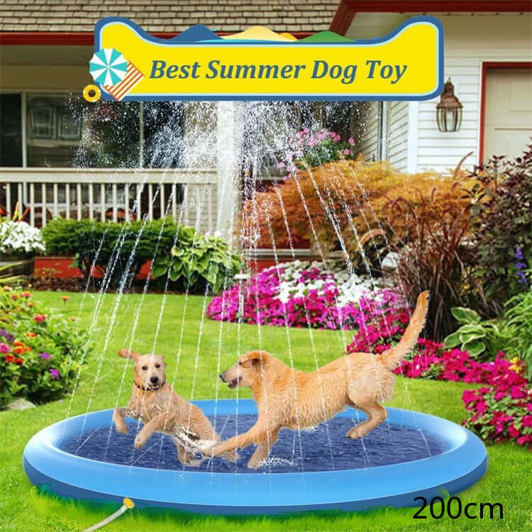 Non-slip splash pad for kids and pets, featuring playful dogs enjoying a backyard water fountain in a summer setting.