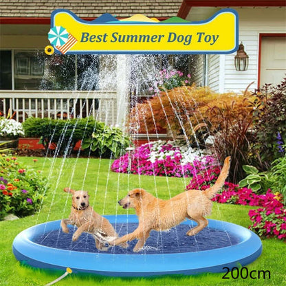 Non-slip splash pad for kids and pets, featuring playful dogs enjoying a backyard water fountain in a summer setting.