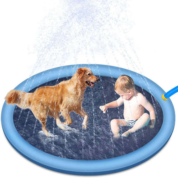 Non-slip splash pad for kids and pets featuring a dog and child enjoying a fun outdoor water play experience.