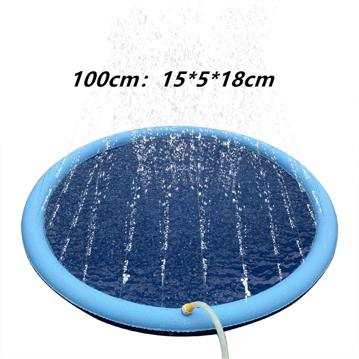 Non-slip splash pad for kids and pets featuring a blue 100cm design with water spraying for outdoor summer fun.