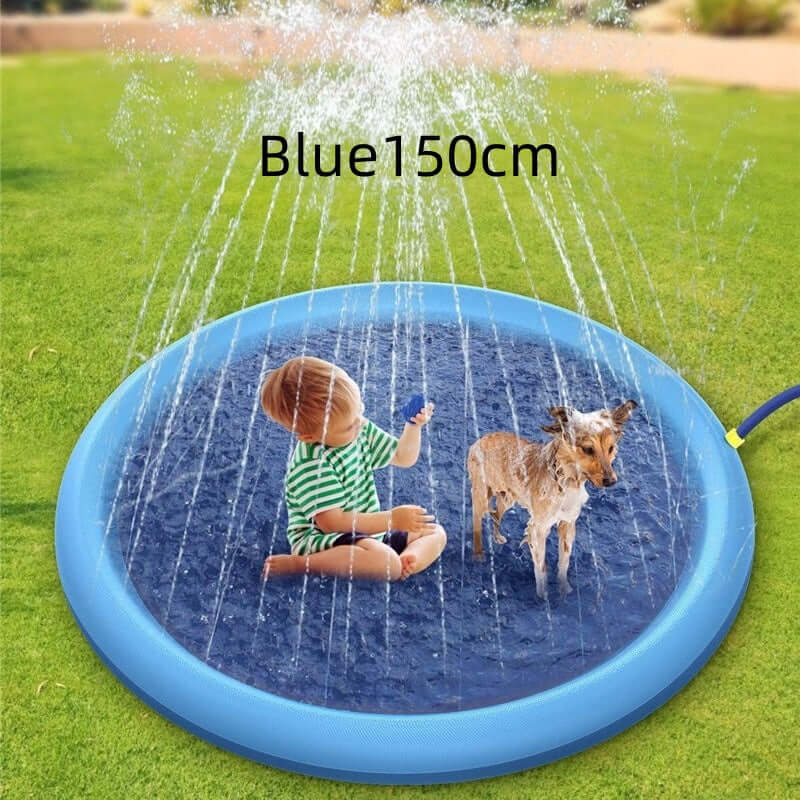 Non-slip splash pad for kids and pets featuring a blue 150cm outdoor water mat with a child and a dog playing.