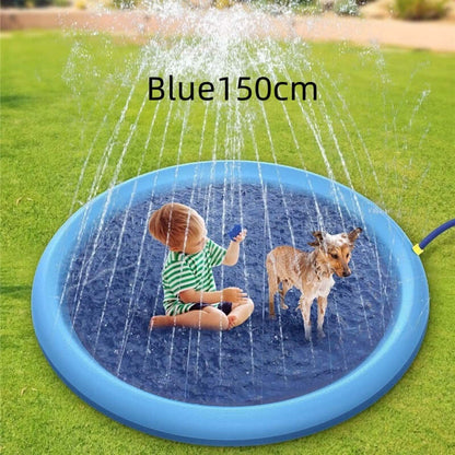 Non-slip splash pad for kids and pets featuring a blue 150cm outdoor water mat with a child and a dog playing.