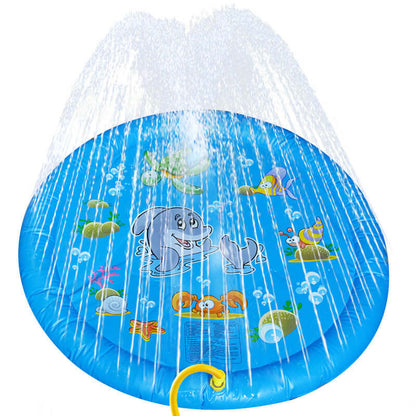 Non-slip splash pad for kids and pets featuring a blue inflatable design with playful marine characters and water spray.