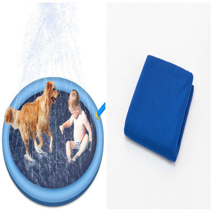 Non-slip splash pad for kids and pets featuring a child and a dog playing in water, with a blue towel folded beside it.