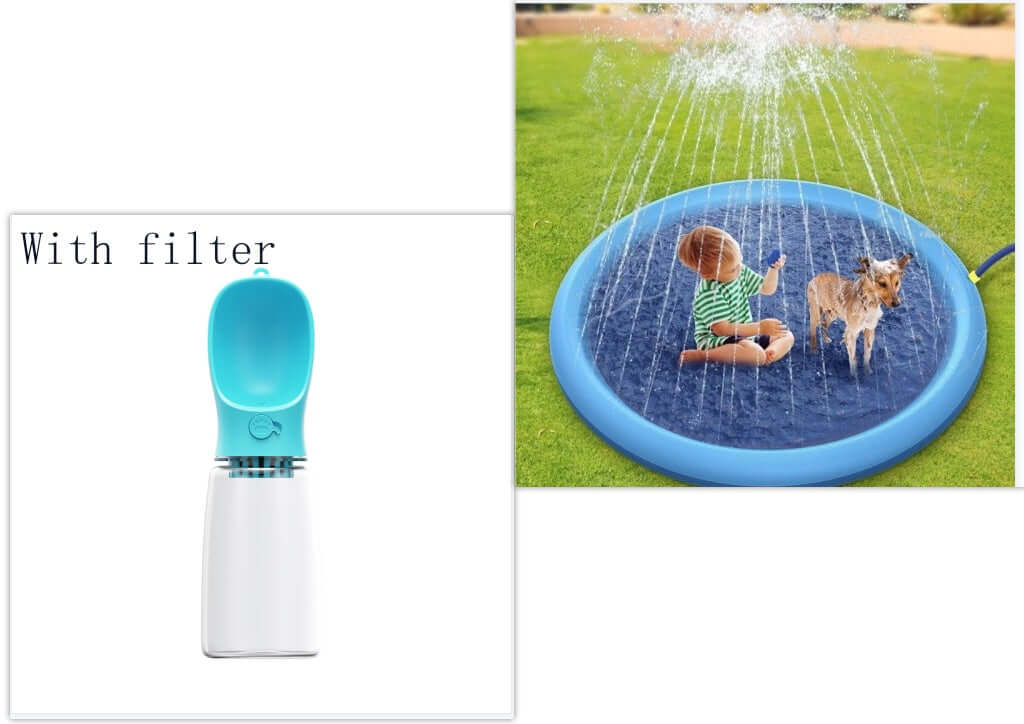 Non-slip splash pad for kids and pets, featuring a child and dog playing in water, with a blue inflatable design.