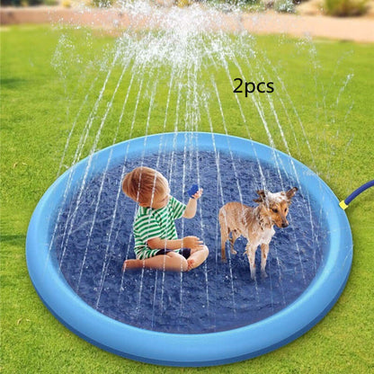 Non-slip splash pad for kids and pets featuring a child and a dog playing in water under a fountain, blue color, outdoor fun.