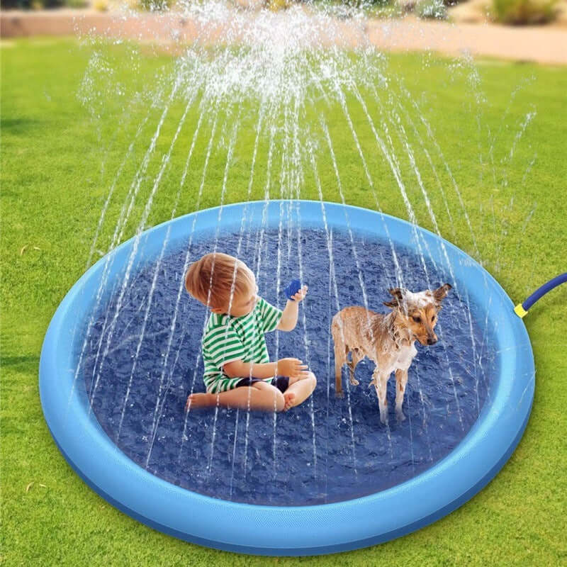 Non-slip splash pad for kids and pets with a child and dog enjoying water play in a backyard.