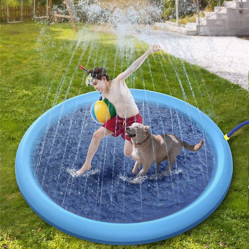 Non-Slip Splash Pad For Kids And Pet Dog Pool Summer Fun with a boy playing with a dog in a backyard fountain.