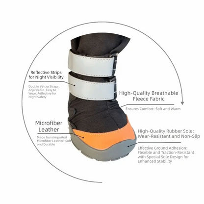 waterproof dog hiking boots with reflective straps, non-slip rubber sole, microfiber leather, breathable fleece fabric