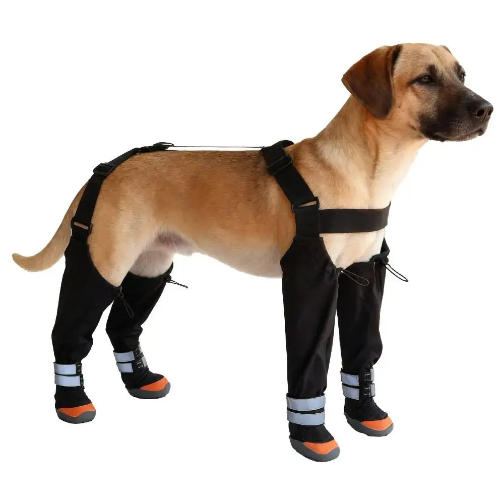 waterproof dog boots with adjustable suspenders, non-slip protective footwear for hiking, wet conditions, and rough terrain