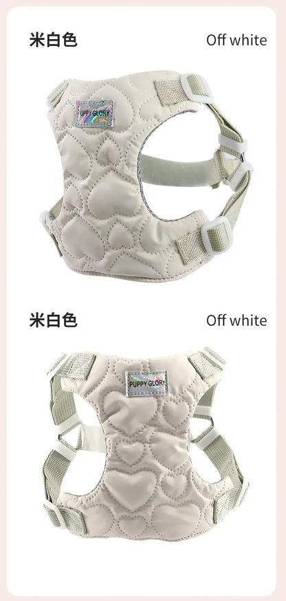 Off white waterproof puppy harness with heart quilted design, lightweight adjustable vest for small and medium dogs