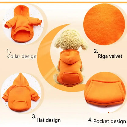 Orange dog winter coat with collar, hat, pocket design and soft fleece velvet for puppies and small dogs