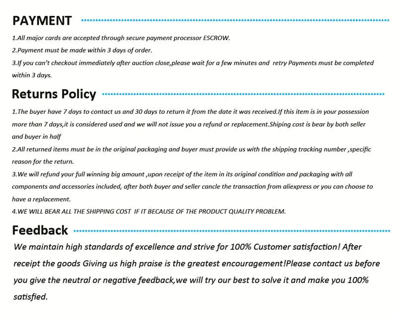 Payment and returns policy details for online orders including secure payment and customer satisfaction guarantee.