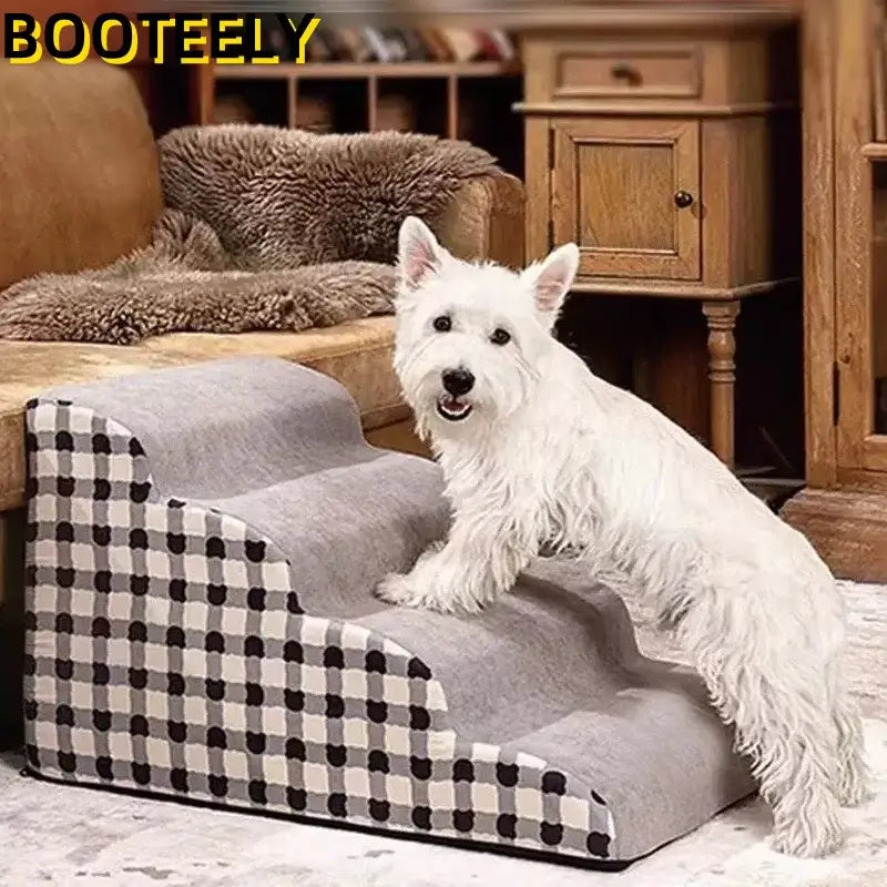 non-slip foam dog stairs for small dogs with plaid design, suitable for older dogs and pets with joint pain.